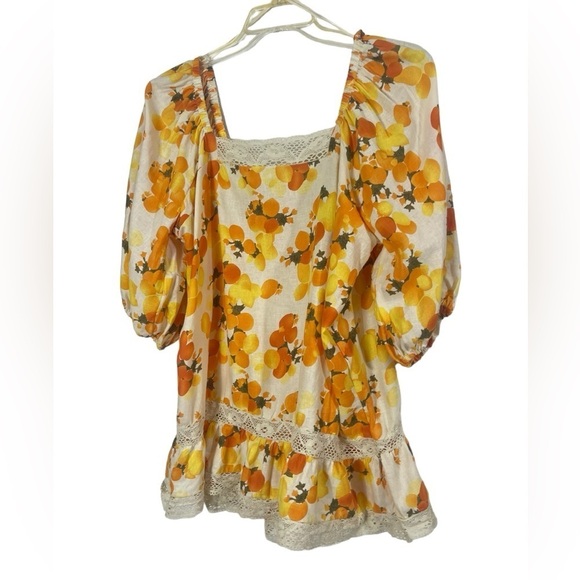 NWT Nicole Miller Artelier Puff sleeve, orange print, linen blend blouse.Size XL - Picture 7 of 13